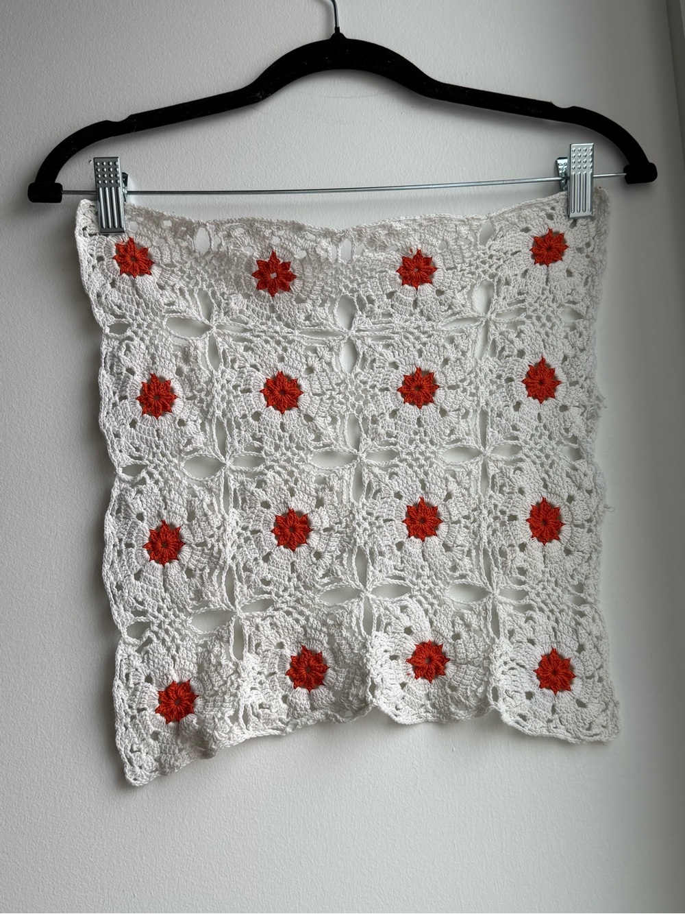 13x13” Crocheted Square Doily White Orange Handmade Vintage MCM Decor
